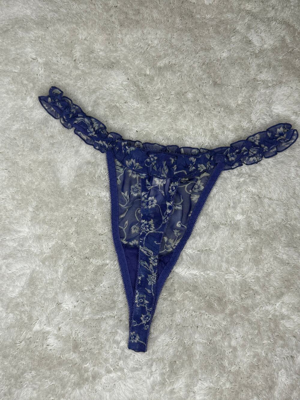 Victoria’s Secret Blue Floral Chiffon Ruffle Thong M Vintage 1998